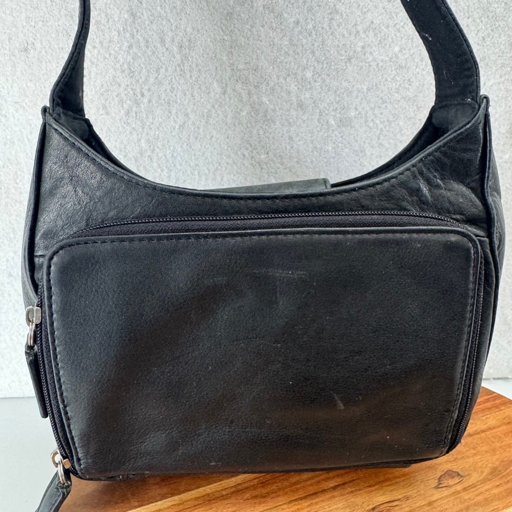 VTG Fossil Black Leather Shoulder Bag Purse Y2K‎ Flap Pocket Zip Organizer - Picture 3 of 7